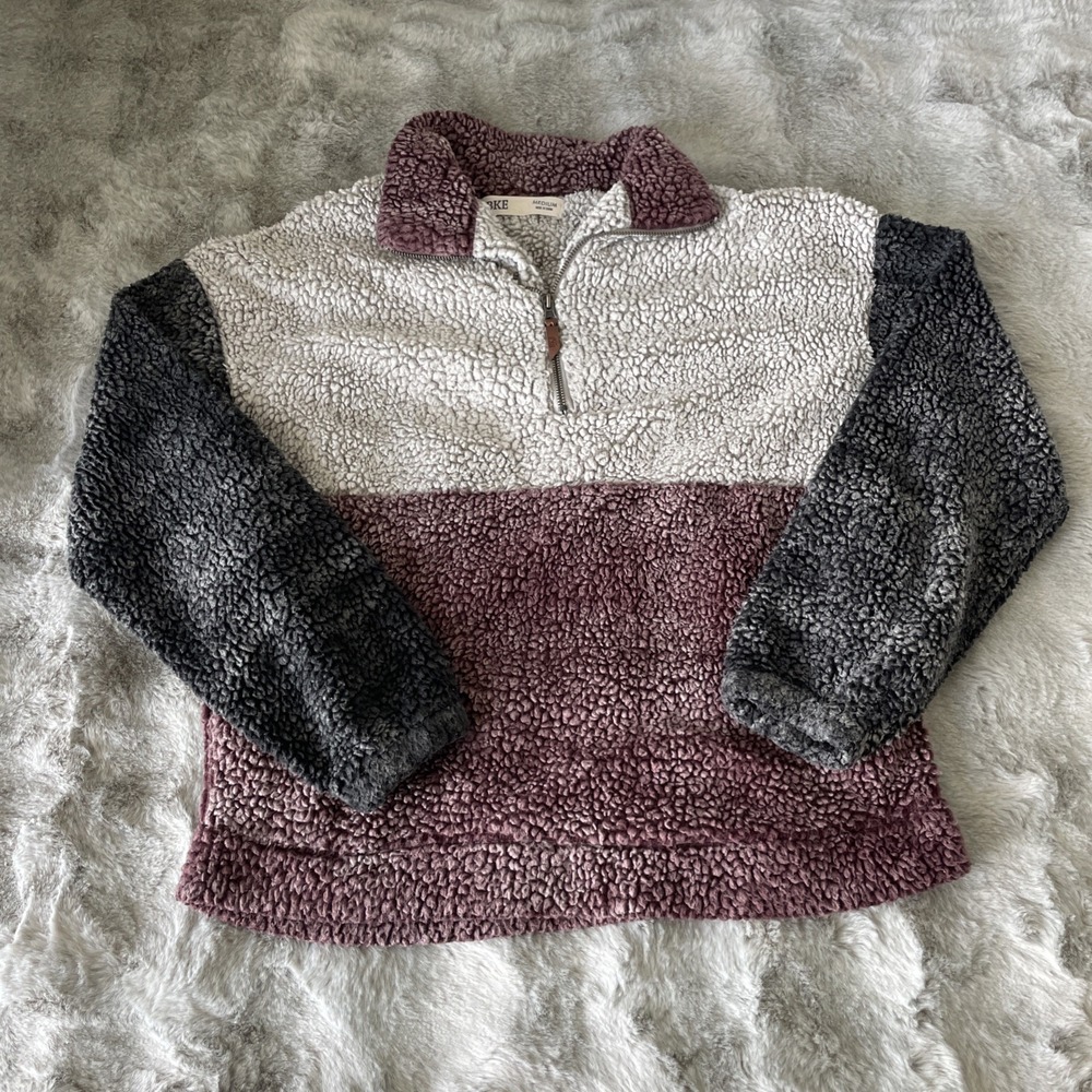 BKE Buckle Sherpa quarter zip pullover top sweatshirt Size Med Gray maroon-0329